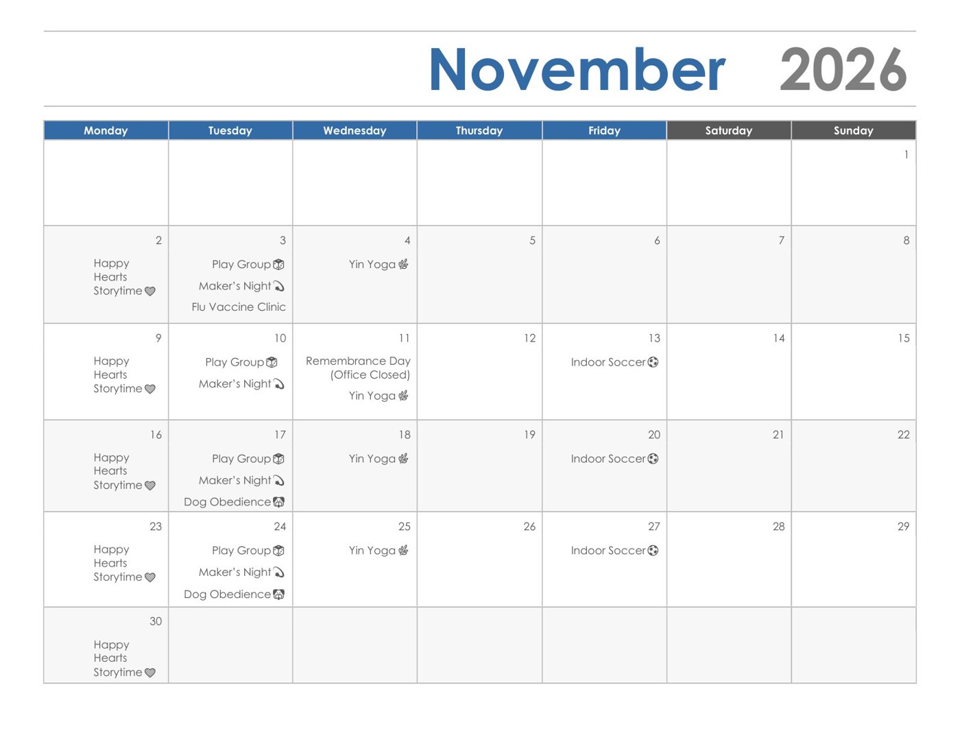 November 2026 events calendar
