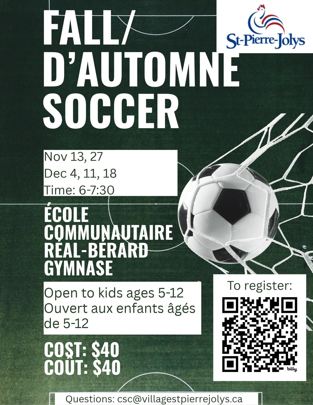Fall Soccer for kids ages 5–12 – Nov 13, 27 and Dec 4, 11, 18, 6–7:30 PM, École communautaire Réal-Bérard gym, $40