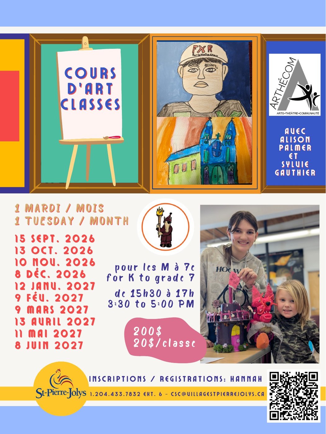 Art Classes with Alison Palmer and Sylvie Gauthier – one Tuesday per month, K to grade 7, 3:30–5:00 PM